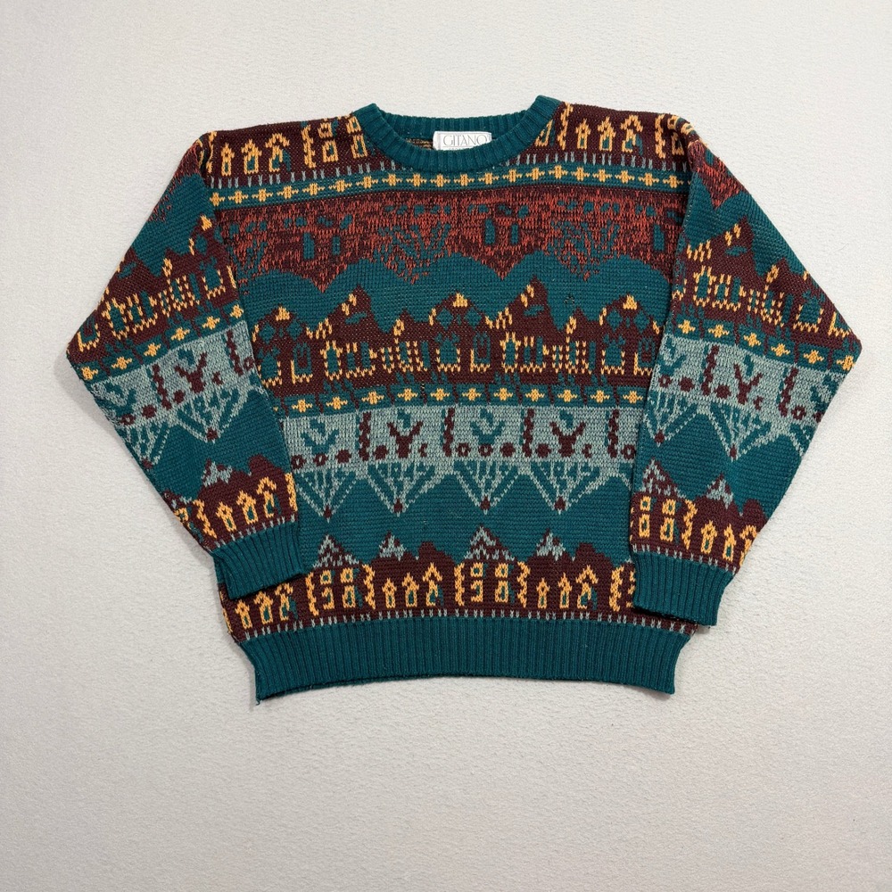 Vintage Gitano Sweater Mens Large Green Vintage Geometric Knit Long Sleeve 90s